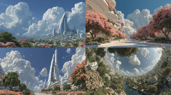 未来科技都市俯瞰全景，流线型建筑与蓝天白云，绿树鲜花点缀，柔和均匀布光，高细节清晰，温暖舒适色调，梦幻科技艺术感，广角镜头，无人机拍摄，全景景观，柔和光线，数字艺术风格，宁静愉悦情绪。