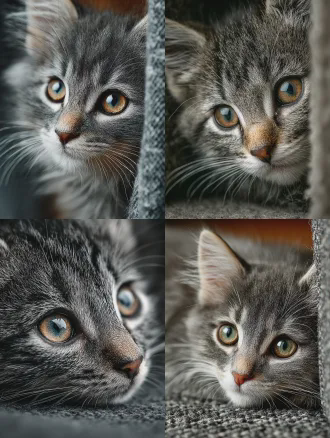 一只小奶猫蜷缩在角落，大眼圆睁，身体微抖，毛茸茸的灰色毛发，浅色胡须，惊恐表情，柔和室内光，背景虚化，特写镜头，浅景深，冷色调，静态摄影，微距镜头，侧光，细节清晰，孤独感，脆弱感。