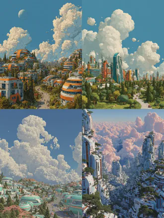 未来科技都市俯瞰全景，流线型发光建筑与蓝天白云绿树点缀，广角镜头无人机拍摄，柔和均匀布光温暖舒适色调，高细节清晰，梦幻科技艺术感数字艺术风格，全景景观，宁静愉悦情绪。