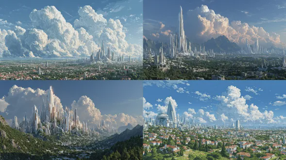 未来科技都市俯瞰全景，流线型发光建筑耸立，蓝天白云，绿树点缀，柔和均匀布光，高细节清晰，温暖舒适色调，梦幻科技艺术感，广角镜头，无人机拍摄，全景景观，柔和光线，宁静愉悦情绪，科技感，艺术感，梦幻感。