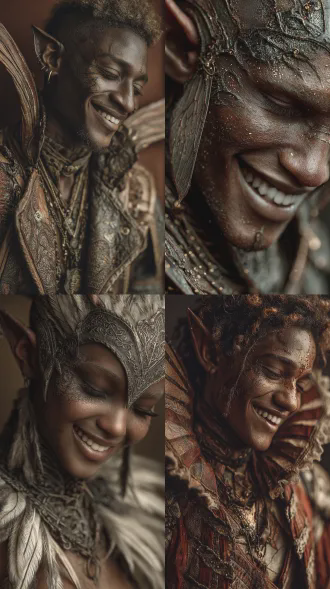 黑人精灵俏皮微笑，轻盈翅膀半透明，真人电影风格，纯色背景虚化，细节丰富，全身肖像，柔和顶光，浅景深，高清摄影，生动表情，奇幻氛围，暖色调，优雅神秘。