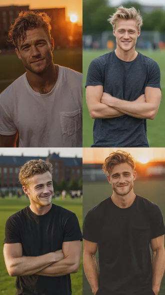 20岁白人大学男生阳光运动型，身材紧实线条流畅，英俊直男脸带自信微笑，穿简约t恤或衬衫，在校园草坪或运动场，自然光拍摄，中焦镜头，浅景深，动态抓拍，活力四射，青春气息，清新色调，特写与全身结合构图。
