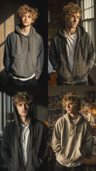 真实全身照，20岁美国大学生汉斯，阳光肤色，浅棕乱发，肌肉精瘦，灰色连帽衫配白t恤黑牛仔裤白鞋，现代宿舍，晨光柔和，电影灯光，锐利对焦，高细节8k，真实肤质，严肃困惑表情，netflix青春剧风格