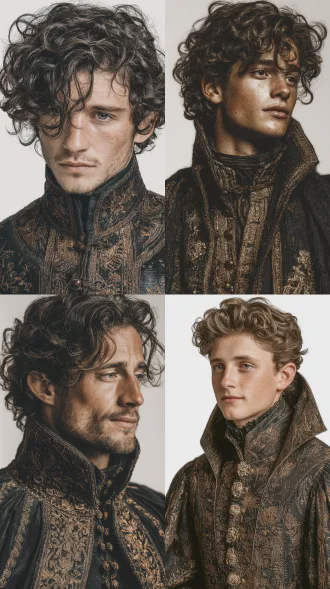 正面中景，欧美男性，气质优雅忠诚，深色长卷发，皮肤白皙，穿黑金配色中世纪古风长袍，神情恭敬温和，姿态庄重，纯白背景，高清写实。电影灯光，锐利对焦，高细节8k，真实肤质netflix青春剧风格