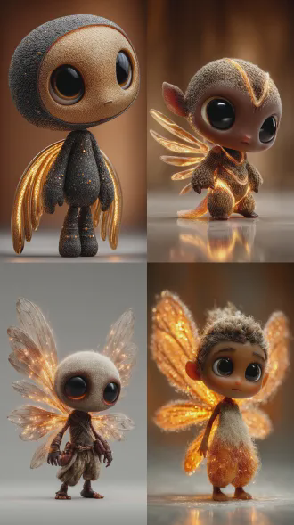 正面中景，迷你型发光精灵，皮肤棕黑，大圆眼睛，半透明发光翅膀，身体散发金色微光，表情贱萌搞怪，纯白背景，3d 卡通写实结合，细节拉满，电影灯光，锐利对焦，高细节8k，真实肤质netflix青春剧风格