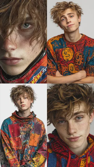 20 岁欧美男大学生，浅棕色微乱短发，穿彩色潮流街头风上衣，表情调皮坏笑，眼神机灵，纯白背景，高清写实，青春奇幻剧质感。电影灯光，锐利对焦，高细节8k，真实肤质，严肃困惑表情，netflix青春剧风格