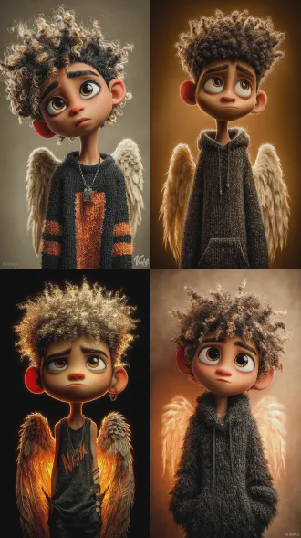 正面中景，黑人男子，卷发大眼，半透明发光翅膀，身体散发金色微光，表情贱萌搞怪，纯白背景，3d 卡通写实结合，细节拉满，电影灯光，锐利对焦，高细节8k，真实肤质netflix青春剧风格