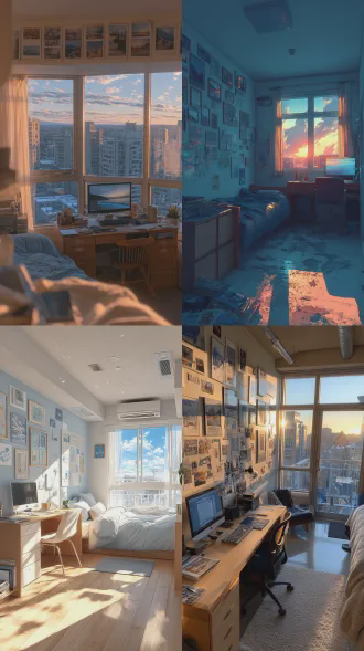 全景现代欧美大学男生宿舍，清晨自然光从窗户射入，室内简洁明亮略带生活化凌乱，书桌有电脑简历相框，墙面干净，青春喜剧氛围，电影灯光，锐利对焦，高细节8k，netflix风格，广角镜头，柔光，写实，色彩清新自然，温暖轻松。