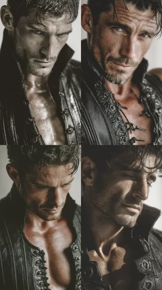 正面中景欧美男性，野性硬朗气质，短碎发与胡茬，健硕身材穿着黑色皮质束带装束，强势魅惑眼神，纯白背景，高清写实皮肤质感，电影灯光，锐利对焦，奇幻荷尔蒙感，8k高细节，netflix青春剧风格，戏剧性侧光，特写镜头，冷峻自信表情，高对比度，细腻纹理。