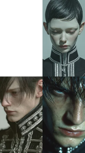 正面中景欧美男性，气质清冷克制，黑色利落短发，五官精致立体，黑色镶银边丝绸质感古风服饰，表情冷静沉稳，纯白背景，高清写实，禁欲系奇幻风格，真实皮肤质感，电影灯光，锐利对焦，高细节8k，netflix青春剧风格，柔和冷色调，克制内敛，极简构图，肖像摄影，工作室灯光。