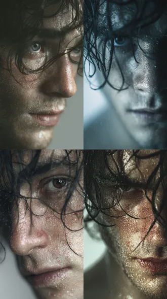 正面中景欧美男性，神秘空灵气质，深色湿发，皮肤水光感，眼神迷离魅惑，姿态慵懒，纯白背景，高清写实，梦幻奇幻风格，真实皮肤细节，电影灯光，锐利对焦，8k高细节，netflix青春剧风格，肖像照，柔光，眼神光，水珠元素，冷色调，疏离情感，浅景深。