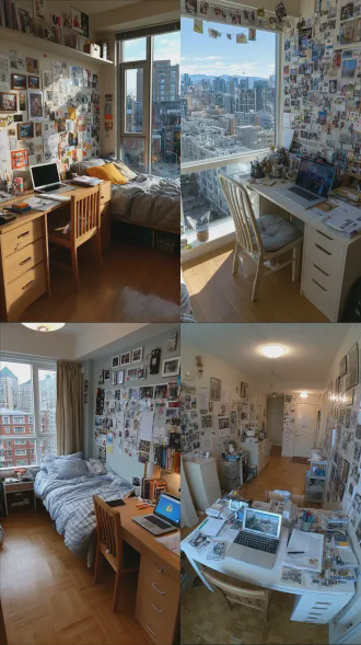 全景现代欧美大学男生宿舍，室内简洁明亮略带生活化凌乱，书桌上摆放笔记本电脑、简历文件和相框，墙面干净整洁，充满青春喜剧氛围，电影灯光，高细节8k，netflix青春剧风格，广角镜头，柔光照明，写实风格，色彩清新自然，温暖轻松。