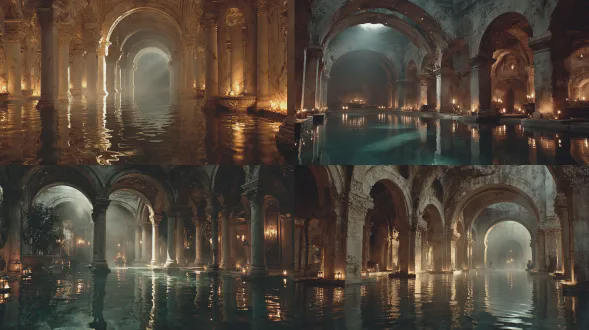 全景古罗马浴场内部，大理石拱形结构宏大，蒸汽弥漫，水池平静反光，暖金色柔光笼罩，神秘梦幻氛围，电影灯光，高细节8k，netflix青春剧风格，广角镜头，写实主义，色彩清新自然，温暖轻松，雾气缭绕，空间感深邃，柔光照明，大理石纹理清晰，水面镜面反射，蒸汽光束，史诗感构图，柔和阴影，高动态范围。