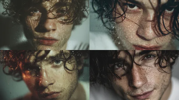 正面中景欧美男性肖像，神秘空灵气质，深色湿发与白皙皮肤形成水光感，眼神迷离魅惑姿态慵懒，身穿白色t恤，纯白背景，水珠元素点缀，电影灯光柔光与眼神光，浅景深锐利对焦，真实皮肤细节，高清写实结合梦幻奇幻风格，冷色调疏离情感，8k高细节，netflix青春剧风格，肖像照，色彩清新自然温暖轻松。