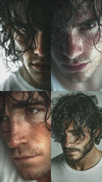 正面中景欧美男性肖像，神秘空灵气质，深色湿发与皮肤水光感，眼神迷离魅惑姿态慵懒，白色t恤纯白背景，高清写实梦幻奇幻风格，真实皮肤细节电影灯光锐利对焦，8k高细节柔光眼神光水珠元素冷色调，疏离情感浅景深，色彩清新自然温暖轻松，netflix青春剧风格肖像照。