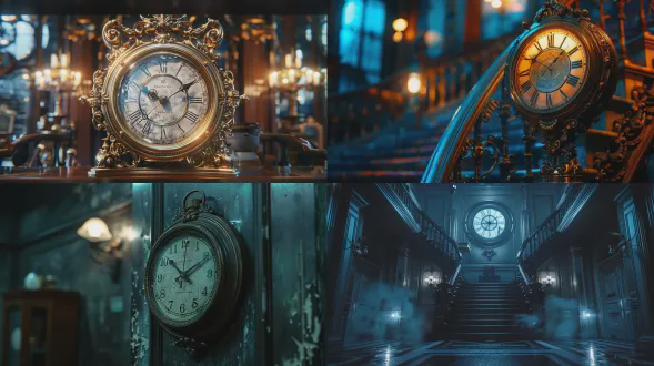 民国上海豪宅内部夜晚场景，昏暗冷色调，电影级光影，精细线稿与写实动漫风格，钟表特写指针指向零点，悬疑恐怖氛围，细节丰富，8k高清，偏写实二次元，细腻上色，特写镜头，环境光，低角度拍摄，强烈明暗对比，惊悚情绪。