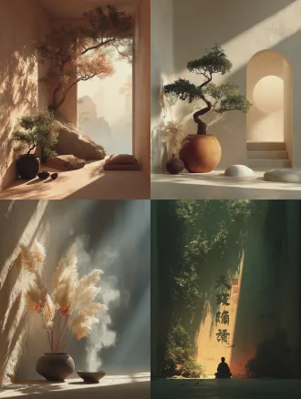 新中式禅意治愈场景，极简留白构图，柔和自然光，暖米白低饱和色调，雾感柔光，细腻质感，电影级光影，优雅空灵，中式美学，治愈放松，无杂物，干净高级，8k高清，竖屏9:16，写实细腻，宁静致远。