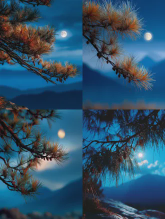 夜晚古松枝干从画面左下角伸出，松针清晰，一轮圆月右上方天空，薄云飘过，月光时明时暗，松枝有细微松果，远处朦胧山影，固定机位，只保留云动与月光变化，深蓝色夜空，冷色调，高对比度，月光略过曝，空灵寂寥超然，长曝光，低角度广角镜头，月光为柔和的侧逆光，松针特写，朦胧远景，静谧，水墨画风格。