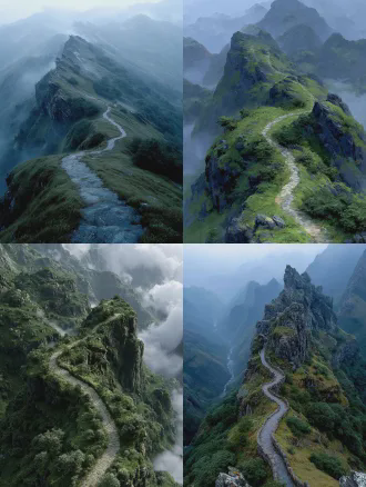 俯拍，蜿蜒山间小路走到尽头，被断崖与草木阻断，雾气朦胧，画面清冷低饱和，低饱和青灰调、柔和自然光、中式禅意、极简留白，无多余元素，