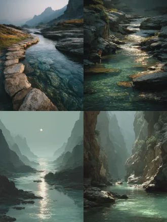 中景，溪水缓缓流淌至尽头，汇入山石缝隙慢慢消失，水面泛着柔和微光、柔和自然光、中式禅意、极简留白，无多余元素，