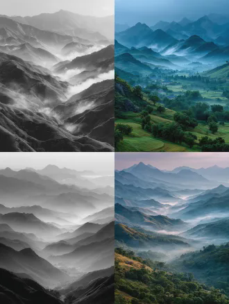 山间云雾从谷底缓缓升起，层层缭绕扩散，云卷云舒轻柔飘动，水墨画风格，远山淡影，广角镜头，高动态范围，柔光，慢快门，宁静，冷色调，大气磅礴。