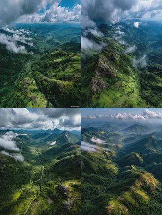 青山之上云层舒展变幻，天光柔和穿过云层，画面开阔治愈，全景构图，动态天空，自然风景摄影，无人机航拍，超广角镜头，景深宏大，丁达尔效应，柔光漫射，高动态范围，流动的云层，青翠山峦，宁静平和，治愈感。