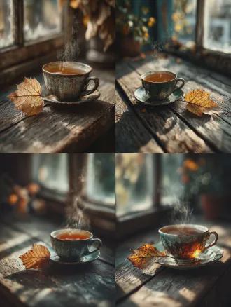 近景特写一杯热茶在古朴木桌上，热气袅袅升腾，杯旁一片脉络分明的枯叶，柔和的晨光透过窗户斜照，温暖而宁静的氛围，浅景深，微距镜头，侧光，柔焦，自然色调，平静与安宁。