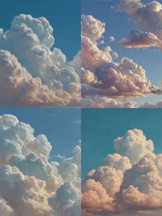 窗外云朵自在飘浮，天空干净柔和，东方禅意构图，极简主义，留白，浅景深，柔和漫射光，宁静祥和，低饱和度色调，平静，水墨画风格，长焦镜头，画面中央，无框构图，淡蓝色与米白色，禅意美学。