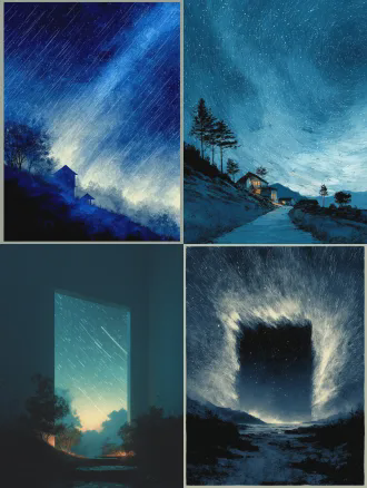 窗外璀璨星空，极简主义构图，东方禅意，水墨画风格，深蓝夜空，银色星轨，留白艺术，广角镜头，长曝光，冷色调，宁静感，禅意窗框剪影，微光点缀，超现实主义，空灵氛围。