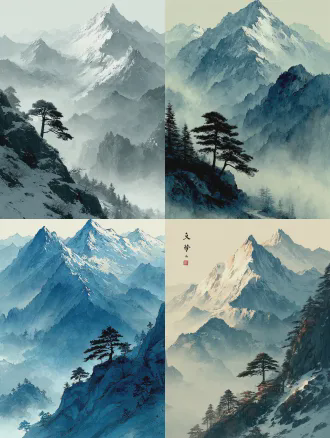 雪山险峻山岭，东方禅意构图，全景视角，水墨画风格，冷色调，广角镜头，柔光，低饱和度，云雾缭绕，孤松峭壁，宁静深邃，极简主义，空灵意境。