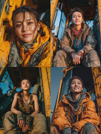 a young chinese woman, 23 years old, sweet pure face with dimples (similar to tian xiwei style), firm thin muscle on arms, wearing a cute and practical chinese-style kung fu outfit but slightly dirty. she is sitting inside the cockpit of a large yellow construction excavator, sunlight hitting her face, smiling brightly with fierce determination in her eyes, wind blowing her hair. cinematic lighting, dynamic angle, high quality, 8k resolution, explosive atmosphere.