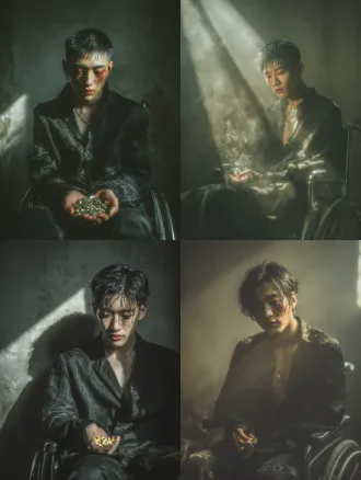 a tall handsome young chinese man, 25 years old, melancholic and broken vibe (similar to wang anyu style). he is sitting on a black wheelchair in a dark, dusty room. he is wearing a black silk shirt, collar slightly open, revealing pale collarbones. he is holding a handful of sleeping pills in his hand, tears falling onto his fist, looking down with red eyes. shadow and light contrast, chiaroscuro lighting, extremely emotional, film grain, masterpiece.