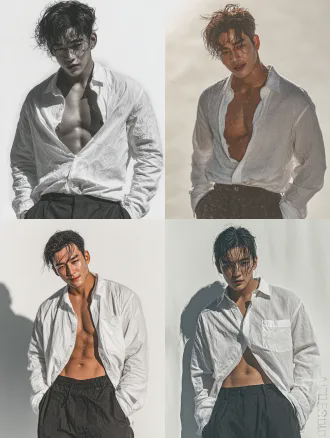 一张高清正面中景定妆照，年轻中国男性，22岁，身高184cm，长相风流帅气，桃花眼，略带痞气。身穿一件已经被暴力撕破的白衬衫，露出结实的肌肉和清晰的六块腹肌，衬衫下摆随意塞进黑色西裤。站姿微微侧身，一手插兜，一手故作潇洒地撩头发，表情视死如归还带点贱兮兮的得意。发型是韩式逗号刘海。纯白色背景，明亮的高调摄影，皮肤质感通透，强调阳光下的性感与滑稽并存，商业摄影风格。