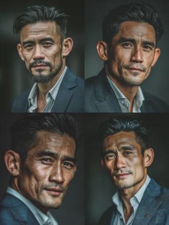 一位30岁左右的泰国男性，身穿藏蓝色西装与白衬衫，侧分油头，面容硬朗轮廓清晰，眼神沉稳直视镜头，正面中景肖像，温柔甜美风格，真人电影感，柔和光线，浅景深，中焦镜头，自然肤色，柔和光晕，柔和对比度，优雅，专注