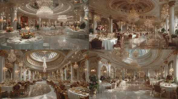 金碧辉煌的豪华宴会厅，圆形穹顶，开阔空间，巨大的罗马柱装饰，繁复花纹的大理石拼花地砖，白色桌布圆形宴会桌，高脚杯和银质餐具，巨大的水晶吊灯，欧式雕花镜子，大理石地面和镜面反光强烈，水晶吊灯折射光芒，金属质感餐具，璀璨暖黄光主光源，复古壁灯辅助光源，环境光亮堂华丽，宏大空间，空气通透静态，金色白色暗红色暖色调，标准焦距一点透视无畸变，真人电影风格，柔和光线