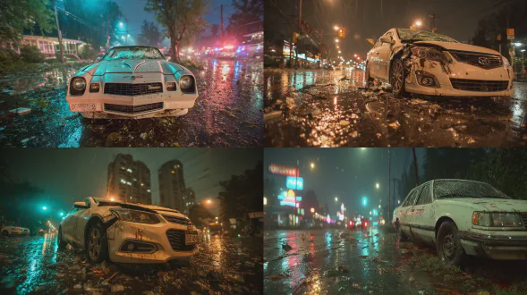 电影级写实照片，暴雨夜晚，受损白色轿车，车头严重凹陷，网状碎裂挡风玻璃，扭曲车门，散落零件，积水路面反射街灯，全景镜头，细节清晰，冷色调，真实质感，高动态范围，环境光，无人物，寂静感，现代都市街道。