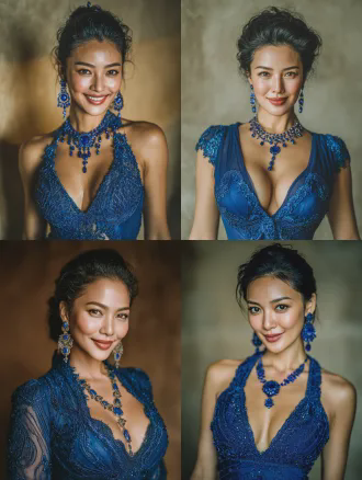 真人电影风格，正面中景肖像，一位美丽的泰国女子，面容温婉大气，妆容精致，佩戴华贵蓝宝石首饰，身着深蓝色钉珠刺绣鱼尾晚礼服，身材丰满腰细，端庄优雅微笑，柔和光线，浅景深，暖色调，丝绒背景，柔焦效果，温柔甜美，优雅气质，高细节，肖像摄影。