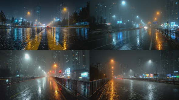 全景:现代都市夜间街道，双向四车道，道路笔直，两侧有高楼大厦和路灯杆；柏油路面，因暴雨积水严重，表面形成大面积反光水坑；道路两侧有金属护栏，人行道边缘有排水沟，远处有模糊的红绿灯和霓虹灯牌；柏油路面粗糙反光，金属护栏湿润；主光源为昏黄的路灯光，辅助光源为远处的霓虹灯和偶尔闪过的车灯，整体光线昏暗，光影斑驳；宽约20米深可视约100米，视野被雨幕遮挡；暴雨倾盆，雨丝密集，空气潮湿，能见度低，充满水汽；固有色为深灰色的路面和黑色的夜空，整体阴冷潮湿的暗蓝色调夹杂着霓虹反光；标准焦距一点透视无畸变；无人物无动物无多余杂物，真人电影风格，高级电影
