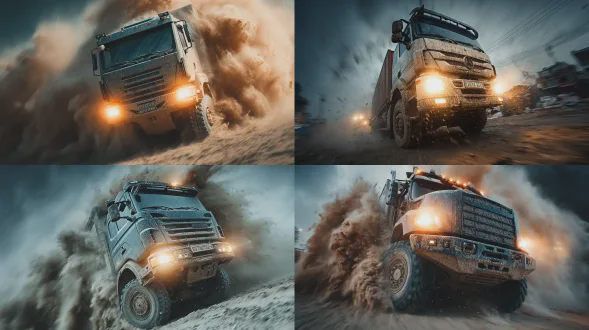 东南亚现代都市写实风格，电影摄影级，真实相片质感。一辆庞大的重型厢式大货车，车身布满泥污，车头灯发出极其刺眼的远光。行驶在柏油路面上，全景镜头，细节清晰，无人物。真人电影风格，高级电影