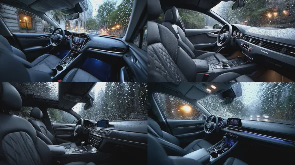 全景:现代轿车前排驾驶室内部，空间紧凑；深灰色硬质塑料仪表盘，黑色真皮方向盘，中央扶手箱，真皮座椅；前挡风玻璃外暴雨如注，雨刷器停滞；皮质座椅有光泽，塑料仪表盘哑光；主光源为仪表盘发出的微弱冷蓝光，辅助光源为车外透入的昏黄路灯光，光线非常昏暗；宽约1.5米深约1.5米高约1.2米；空气沉闷无风；固有色为深灰色、黑色，整体阴暗压抑的冷色调；标准焦距一点透视无畸变；无人物无动物无多余杂物，真人电影风格，高级电影