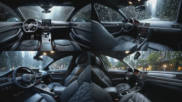 全景:现代轿车前排驾驶室内部，空间紧凑；深灰色硬质塑料仪表盘，黑红色真皮方向盘，中央扶手箱，真皮座椅；前挡风玻璃外暴雨如注，雨刷器停滞；皮质座椅有光泽，塑料仪表盘哑光；女性元素，主光源为仪表盘发出的微弱冷蓝光，辅助光源为车外透入的昏黄路灯光，光线非常昏暗，夜晚；宽约1.5米深约1.5米高约1.2米；空气沉闷无风；固有色为深灰色、黑色，整体阴暗压抑的冷色调；标准焦距一点透视无畸变；无人物无动物无多余杂物，真人电影风格，高级电影