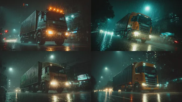 东南亚现代都市写实风格，电影摄影级，真实相片质感。夜晚大雨天的一辆庞大的重型厢式大货车，车身布满泥污，车头灯发出极其刺眼的远光。行驶在柏油路面上，全景镜头，细节清晰，无人物。真人电影风格，高级电影