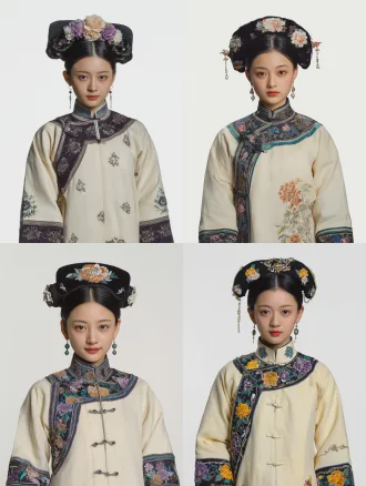 一个20 岁的中国古代女子，清秀灵动、耐看元气脸，眉眼带点狡黠，可盐可甜，穿清朝宫女装清纯身高：162cm，身形匀称，不柔弱、不刻意娇柔。真人电影风格，纯白背景，正面中景肖像