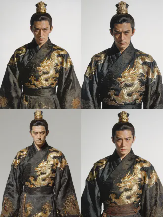 一个25 岁中国古代清朝男子，束发金冠，玄色衣袍 上面绣着金色盘龙，面容冷峻精致、眉眼锋利、气场压迫感拉满，身形挺拔高大，眼神淡漠疏离，不怒自威。真人电影风格，纯白背景，正面中景肖像