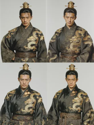 25-year-old man from the qing dynasty of ancient china, with his hair tied up in a golden crown, handsome,wearing a dark black robe embroidered with golden coiling dragons, his features cold and exquisite, with sharp eyebrows and eyes, exuding a strong sense of presence and pressure. he stands tall and upright, his gaze indifferent and aloof, commanding without a hint of anger. realistic movie style, pure white background, a full-length portrait from the front.