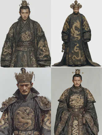 25-year-old man from the qing dynasty of ancient china, with his hair tied up in a golden crown, handsome,wearing a dark black robe embroidered with golden coiling dragons, his features cold and exquisite, with sharp eyebrows and eyes, exuding a strong sense of presence and pressure. he stands tall and upright, his gaze indifferent and aloof, commanding without a hint of anger. realistic movie style, pure white background, a full-length portrait from the front.