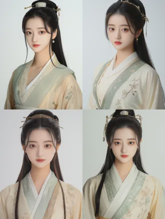 一个20 岁的中国古代女子，清秀灵动、耐看元气脸，眉眼带点狡黠，可盐可甜，穿中国古代宫女装，清纯，身高：162cm，身形匀称，不柔弱、不刻意娇柔。真人电影风格，纯白背景，正面中景肖像