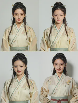 一个20 岁的中国古代女子，清秀灵动、耐看元气脸，眉眼带点狡黠，可盐可甜，穿中国古代宫女装，清纯，身高：162cm，身形匀称，不柔弱、不刻意娇柔。真人电影风格，纯白背景，正面中景肖像，8k高清，真人电影质感，唯美高级古风，细腻光影，柔光漫射，温润色调（米白+黛青+朱红低饱和配色），皮肤通透有肌理，服饰纹理清晰，发丝根根分明，妆容精致自然不浮夸，背景简约有层次，氛围感拉满，构图对称美学，浅景深，聚焦主体，无多余杂乱元素，古风氛围感，电影级布光，明暗对比柔和，画面细腻有质感，高级感留白。