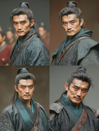 一个中国古代男子，年龄约28岁，身形高大魁梧（约185cm），面容刚毅，浓眉大眼，眼神坚定，气质耿直憨厚，一身武将气场。妆容：无妆感，仅修饰瑕疵，眉形是粗剑眉，眼神锐利，凸显武将的英气。服饰：玄色武将劲装，衣料是耐磨锦缎，领口、袖口有暗纹，腰间系宽腰带，挂佩刀，头发束起，用玄色发带固定，整体干练英气，贴合统领身份。8k高清，真人电影质感，唯美高级古风，细腻光影，柔光漫射，温润色调（米白+黛青+朱红低饱和配色），皮肤通透有肌理，服饰纹理清晰，发丝根根分明，妆容精致自然不浮夸，背景简约有层次，氛围感拉满，构图对称美学，浅景深，聚焦主体，无多余杂乱元素，古风氛围感，电影级布光，明暗对比柔和，画面细腻有质感，高级感留白。