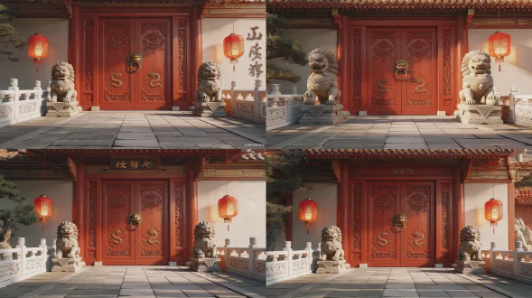 庄严肃穆，华贵大气，古风感拉满，细节精致。场景细节：朱红大门（高大厚重，门板上有铜制门环、雕花，色泽温润，有历史厚重感），大门两侧有一对石狮子（造型威严，细节精致），门前是宽阔的青石板路，两侧有雕花栏杆、宫灯（朱红色宫灯，灯罩有暗纹）；光线：柔光为主，可搭配侧光，凸显大门的厚重感和雕花细节；氛围：庄严肃穆，凸显皇宫的威严8k高清，唯美高级古风，细腻光影，柔光漫射，背景简约有层次，氛围感拉满，构图对称美学，浅景深，聚焦主体，无多余杂乱元素，古风氛围感，电影级布光，明暗对比柔和，画面细腻有质感，高级感留白。